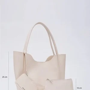 Cream SHK108 faux leather women hand and shoulder bag with wallet and makeup bag