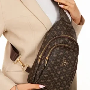 Womens Brown Leather Monogram Crossbody Belt Chest and Shoulder Bag