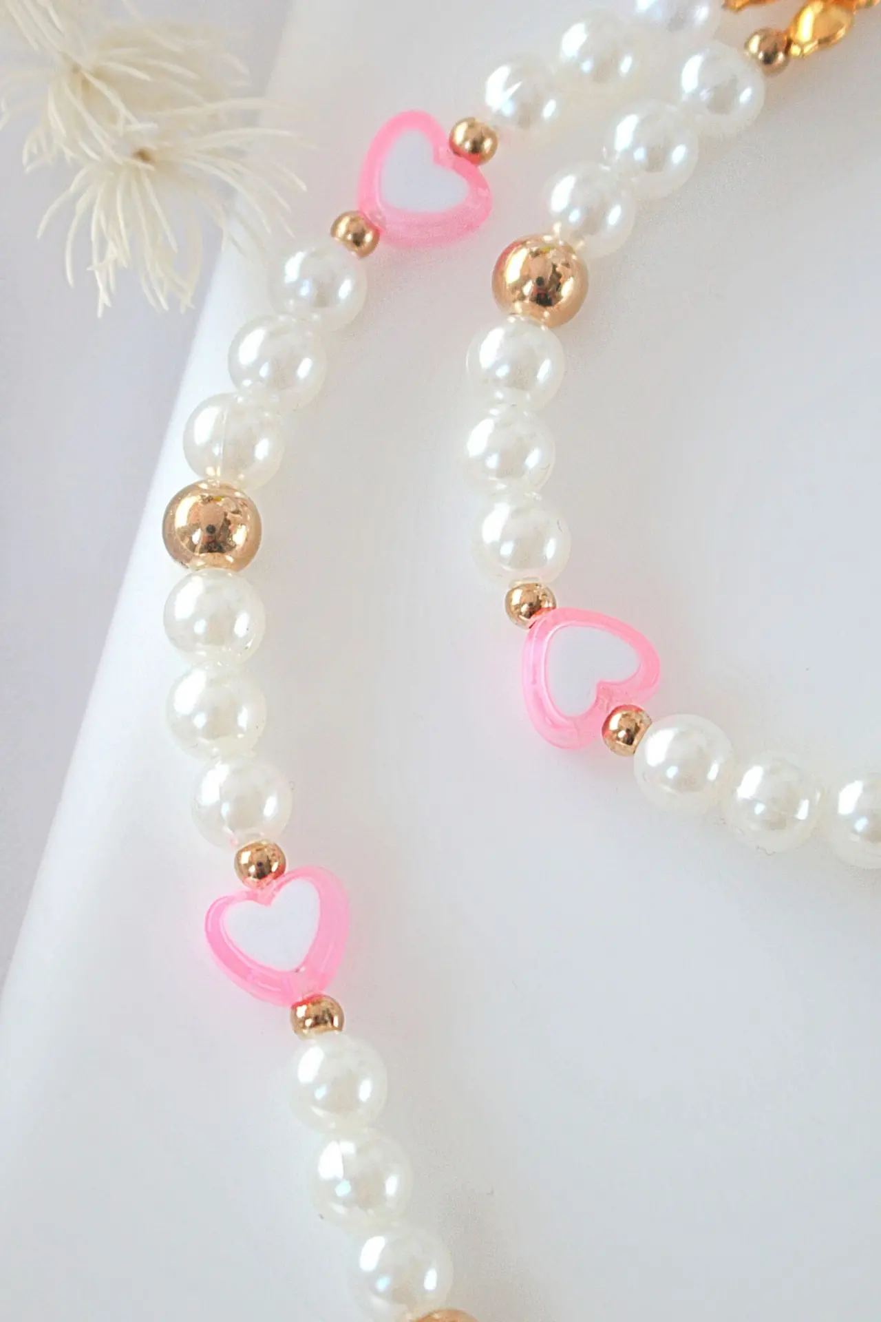 "Candy Love" | Pink Hearts & Pearls Beaded Phone Lanyard - Image 2