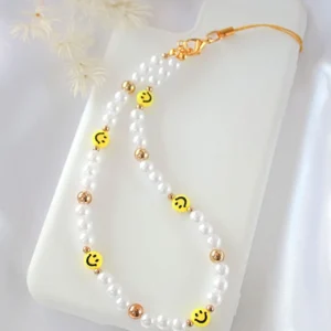 "Happy Moments" | Smiling Face & Pearls Beaded Phone Lanyard