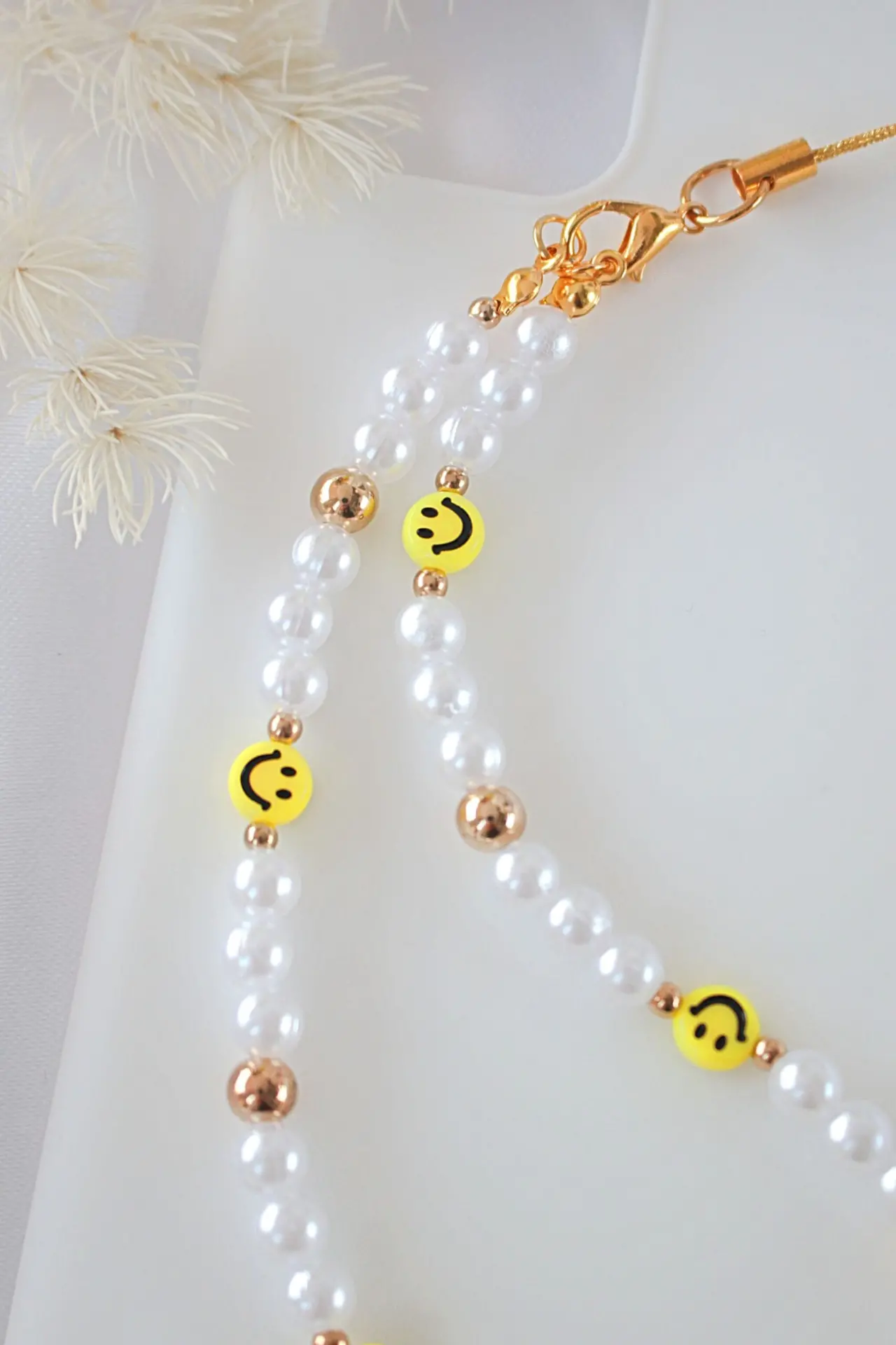 "Happy Moments" | Smiling Face & Pearls Beaded Phone Lanyard - Image 2
