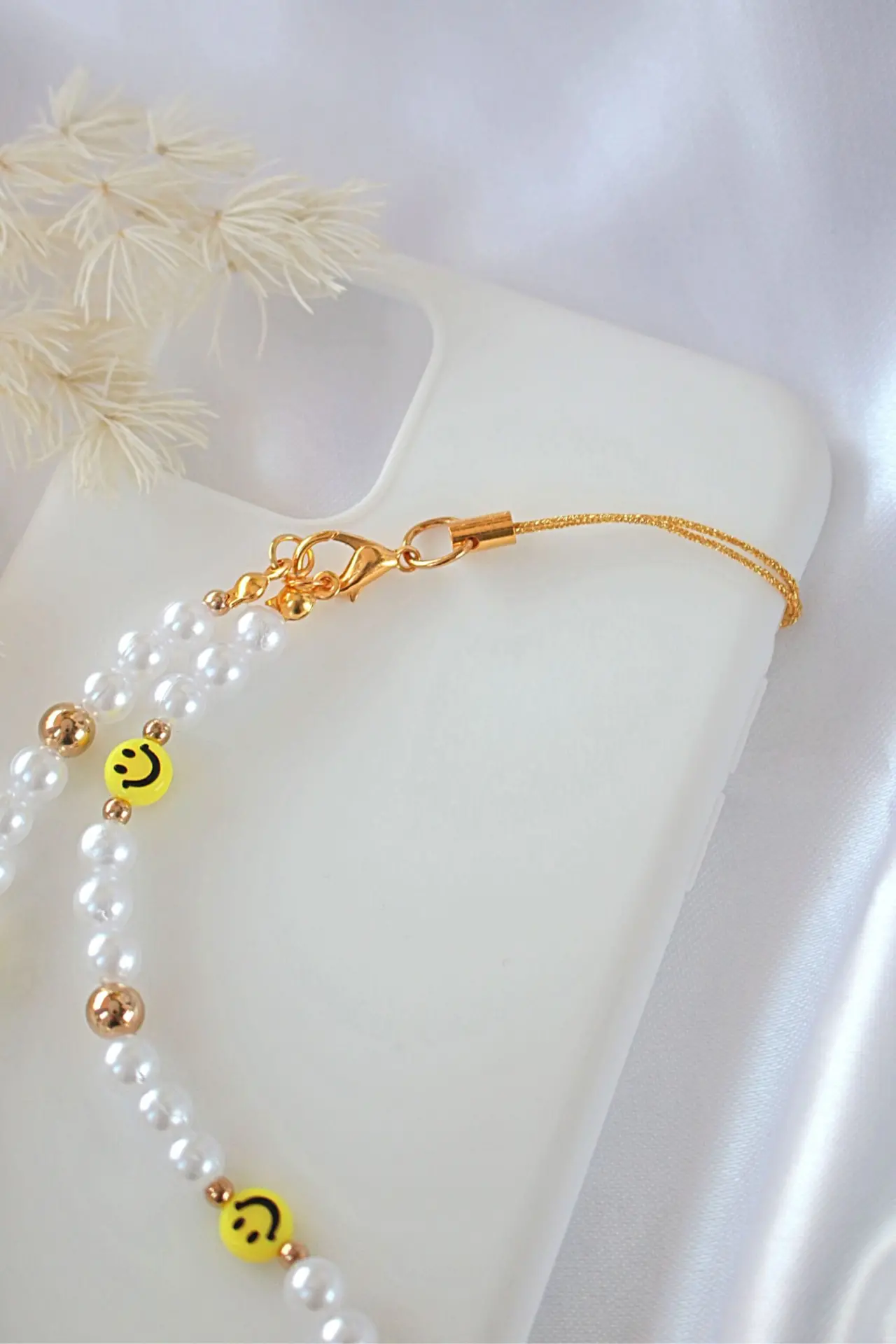 "Happy Moments" | Smiling Face & Pearls Beaded Phone Lanyard - Image 3