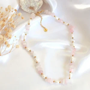 "Luau Party" | Natural Rose Quartz Crystal & Freshwater Pearls Choker