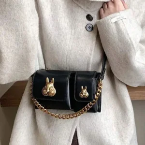 Women black baguette bag with squirrel accessory design elegant shoulder handbag