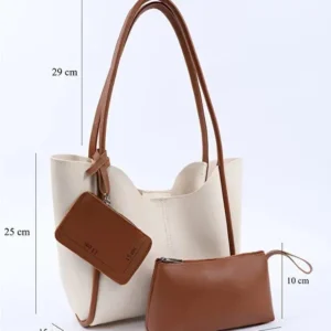 Cream tan SHK108 faux leather women hand and shoulder bag with wallet and makeup bag