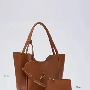 Tan SHK108 faux leather women hand and shoulder bag with wallet and makeup bag