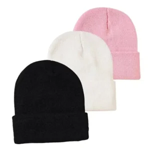 Unisex Foldable Beanie Hat Set Black, Pink & White (3-Pack)
