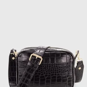 Black Croc Embossed Crossbody Bag for Women