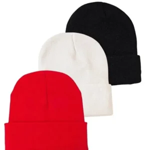 Unisex Foldable Beanie Hat Set Black, White & Red (3-Pack)