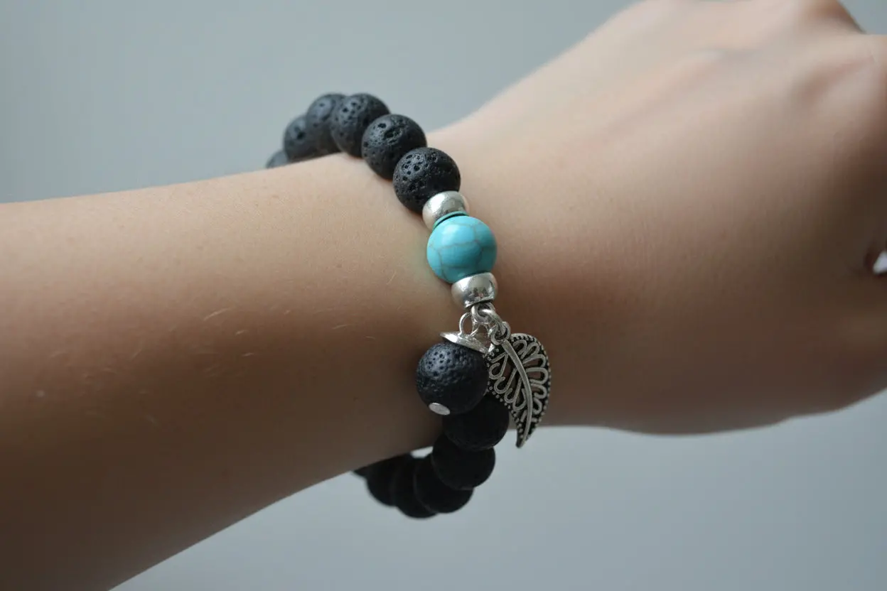 Black and Turquoise Feather Charm Lava Stone Essential Oil Bracelet - Image 2