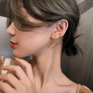 Gold Tassel Ear Cuff Earrings - Sterling Silver Posts