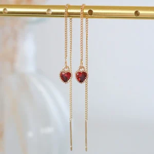 Darling | 24K Red CZ Heart Chain Dangle Earrings