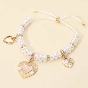 Multi Heart Charm Station Pearl Beaded Adjustable Bracelet