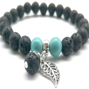 Black and Turquoise Feather Charm Lava Stone Essential Oil Bracelet