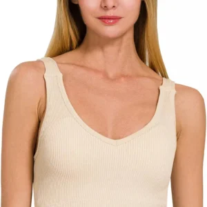 Zenana Seamless Ribbed Cropped Bra Padded V-Neck Tank