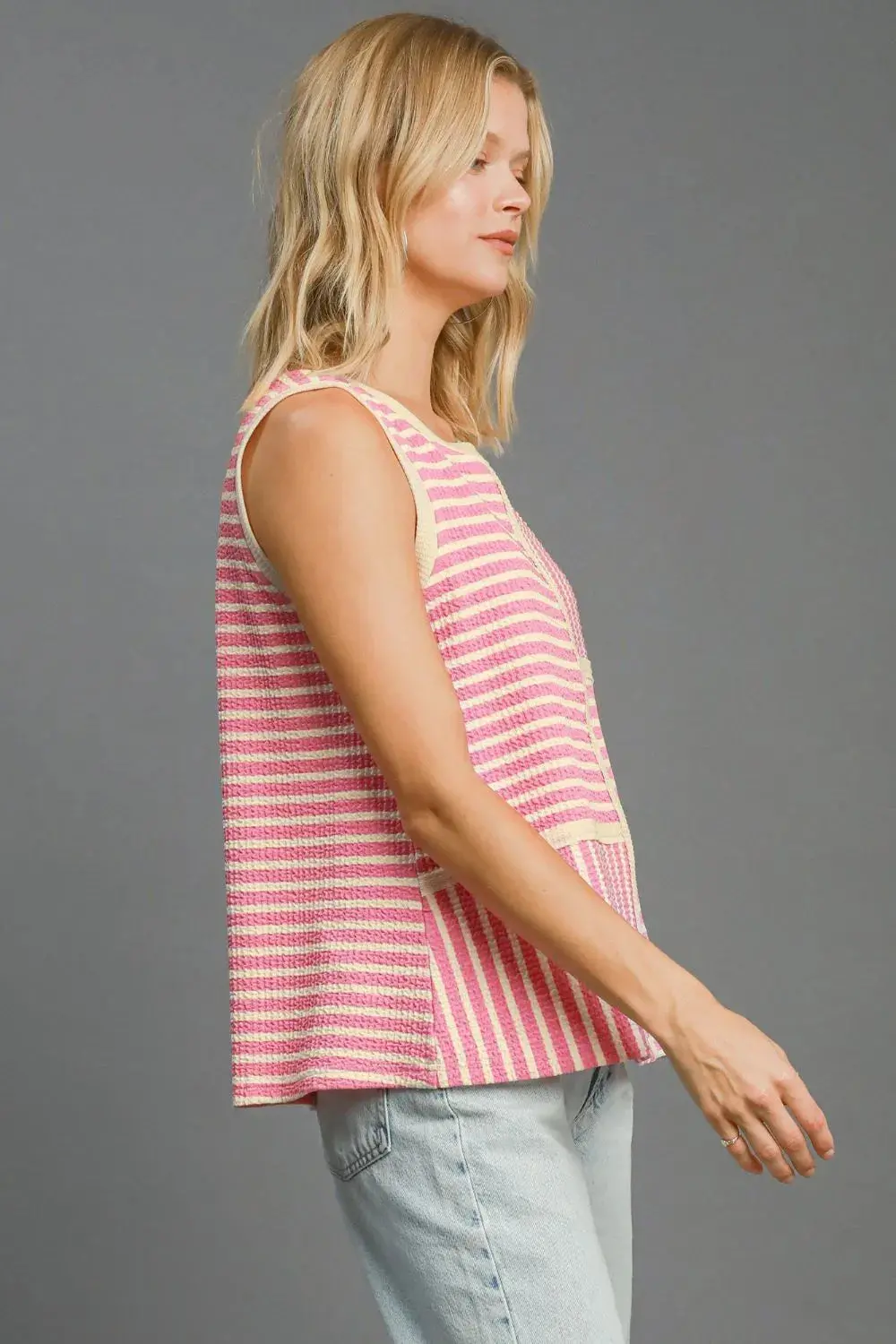 Umgee Round Neck Texture Striped Tank - Image 3