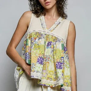 POL Floral V-Neck Sheer Tank with Lace Trim