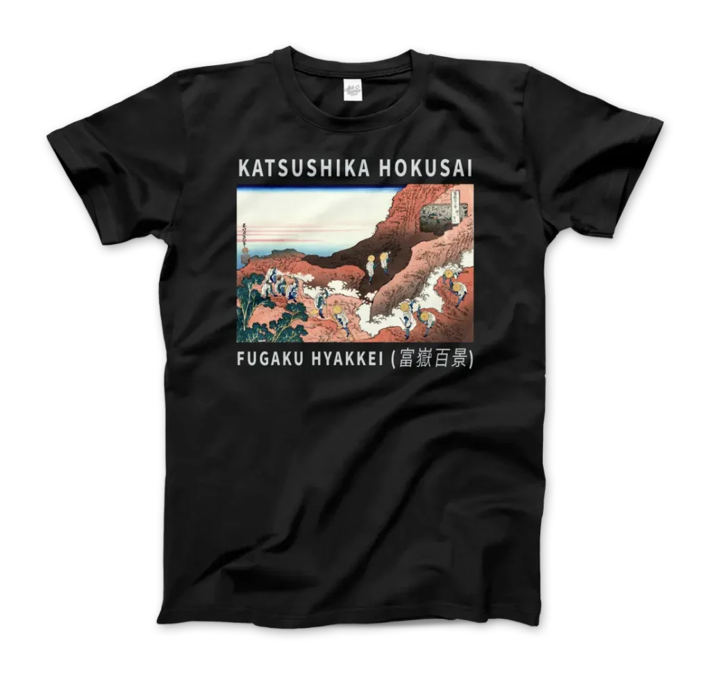 Hokusai Climbing on Mt. Fuji artwork t-shirt