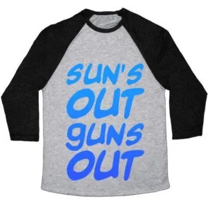 SUN'S OUT GUNS OUT (BLUE) UNISEX TRI-BLEND BASEBALL TEE